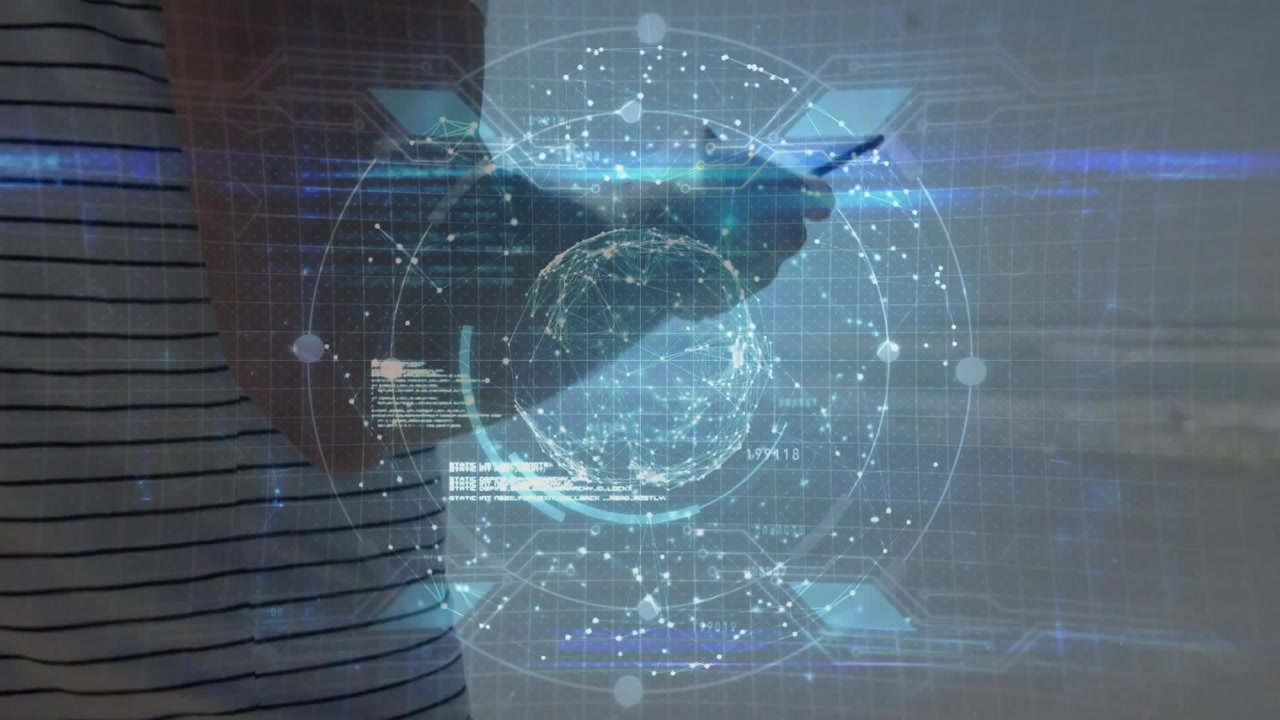 Man stepping on beach tapping phone initiating holographic globe overlay for technology analysis