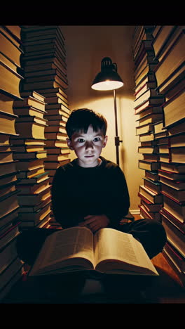 boy reading in a sea of books