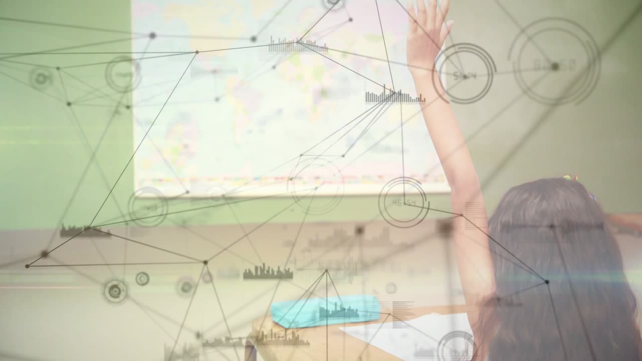 Child raising right hand after blurred board causing response, graph overlay moving across frame