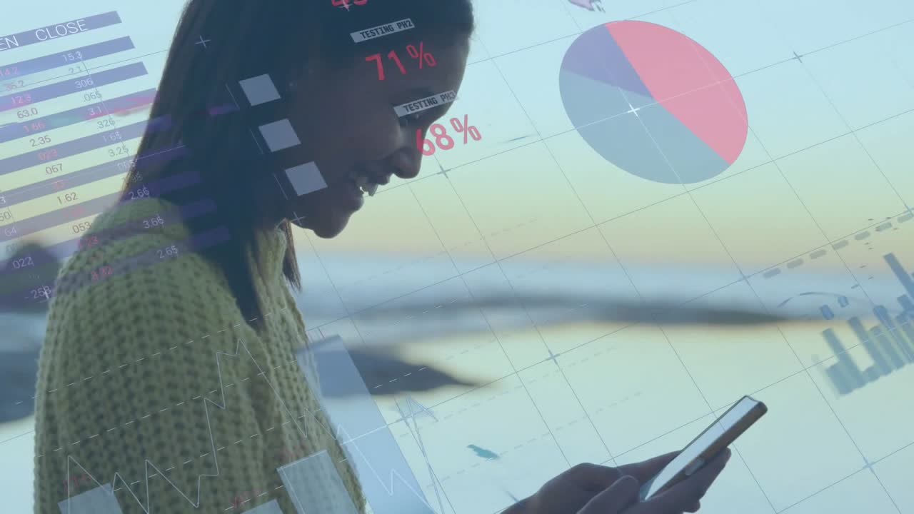 Animation of statistical data processing over happy woman using a smartphone near the sea
