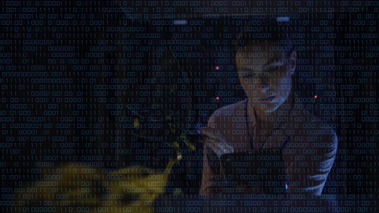 Animation of data processing over caucasian woman using tablet inserver room