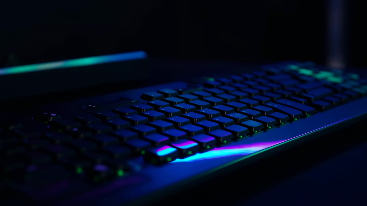 Rgb Gaming Keyboard Closeup With Neon Backlight, Mechanical Keys And Subtle Desk Reflections, Moody Studio