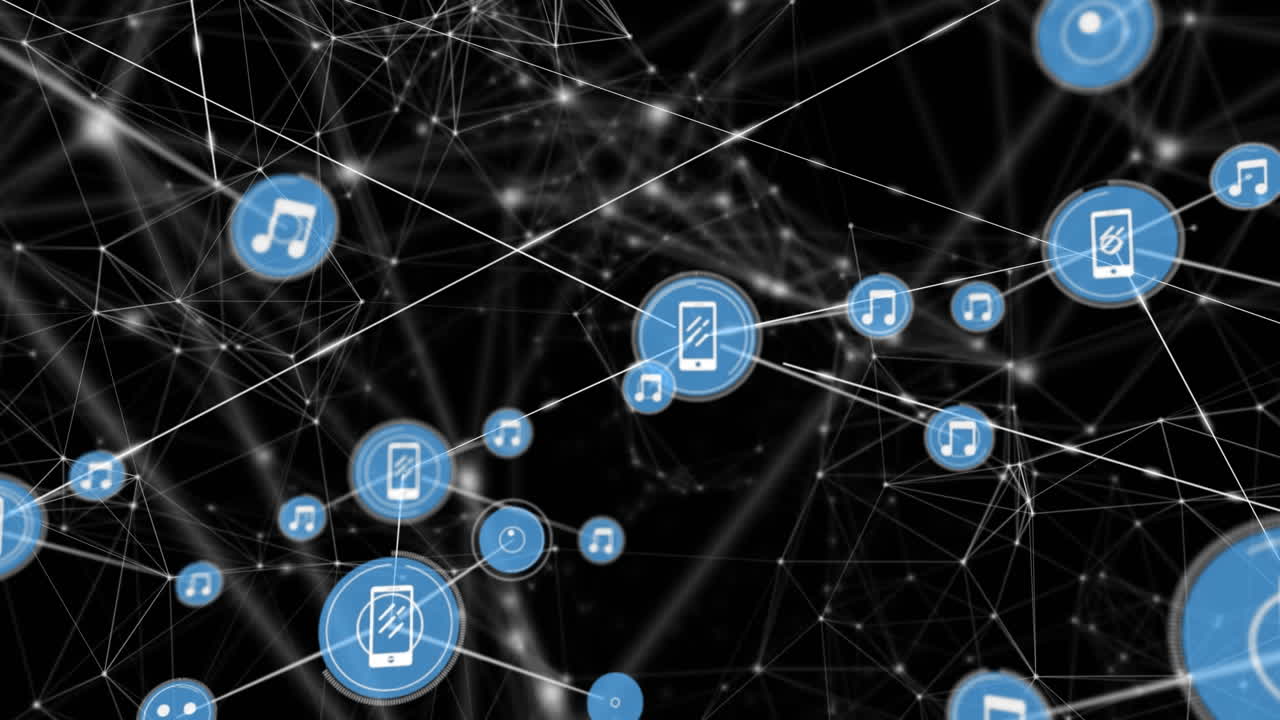 animación de redes de conexiones con iconos sobre fondo negro