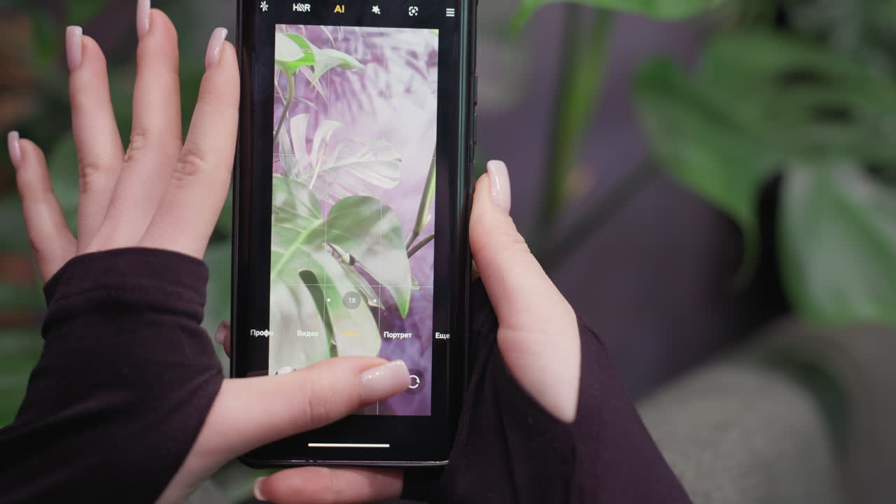 Close-up of woman's hands with long acrylic nails adjusting smartphone camera to photograph plant leaves, with detailed view of phone screen displaying green foliage and photo settings