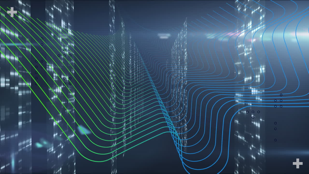 Animation of waves, lights and servers in navy digital space