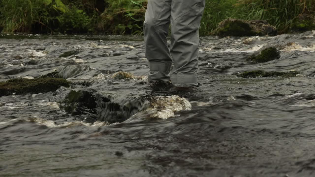 Low-angle shot of a fly fisherman wading across a fast-flowing river in Scotland