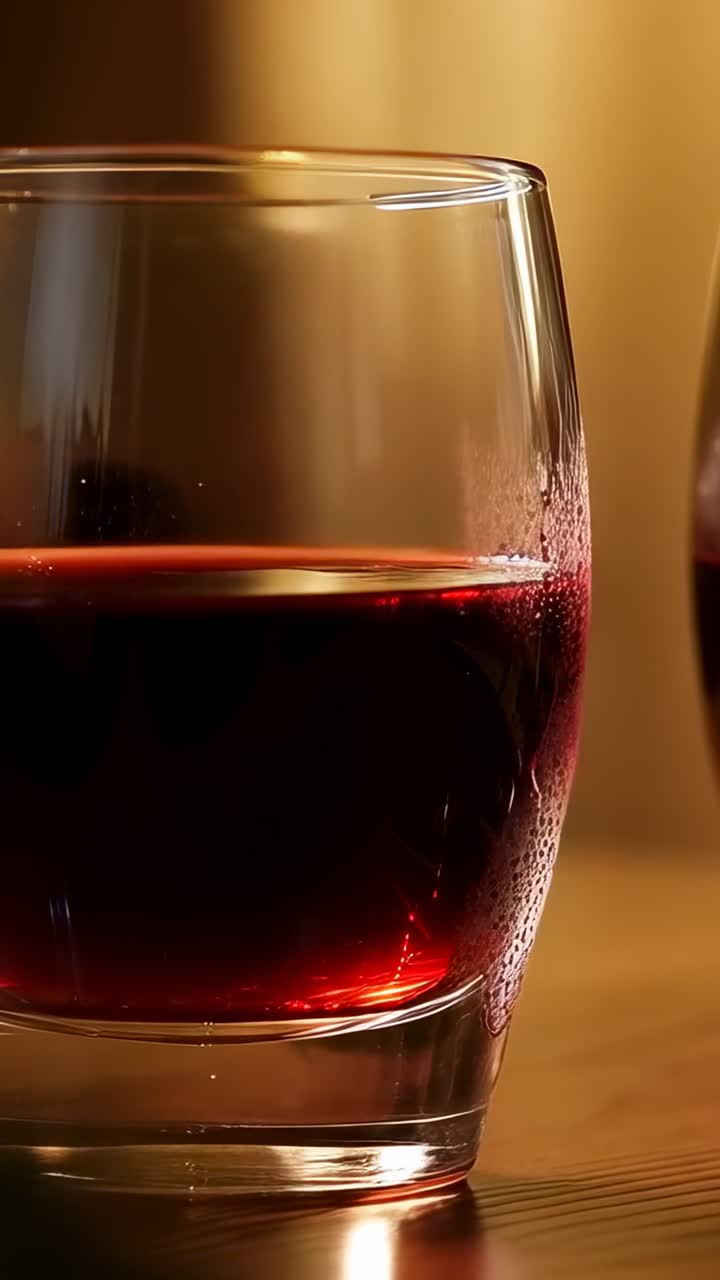 Video verticale: una camera in movimento mostra un paio di calici da vino senza stelo su un tavolo di legno, con gocce che si formano