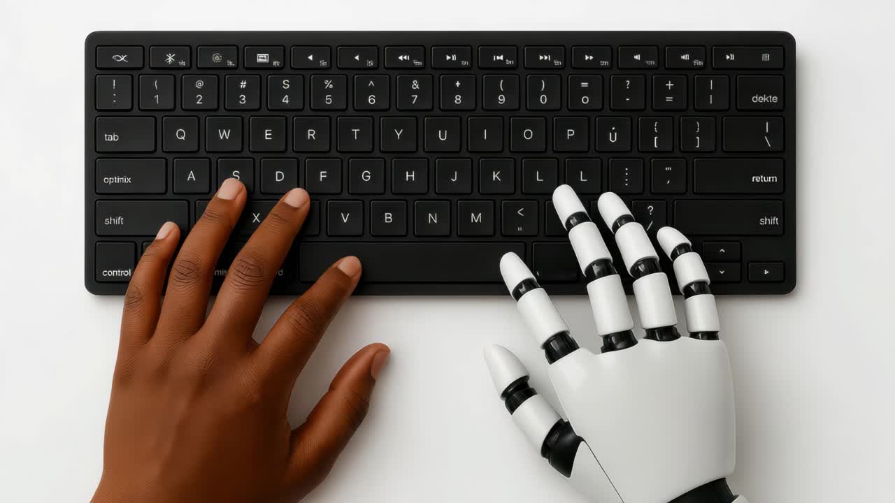 Top-down view of a human and robotic hand typing on a keyboard, symbolizing human-robot