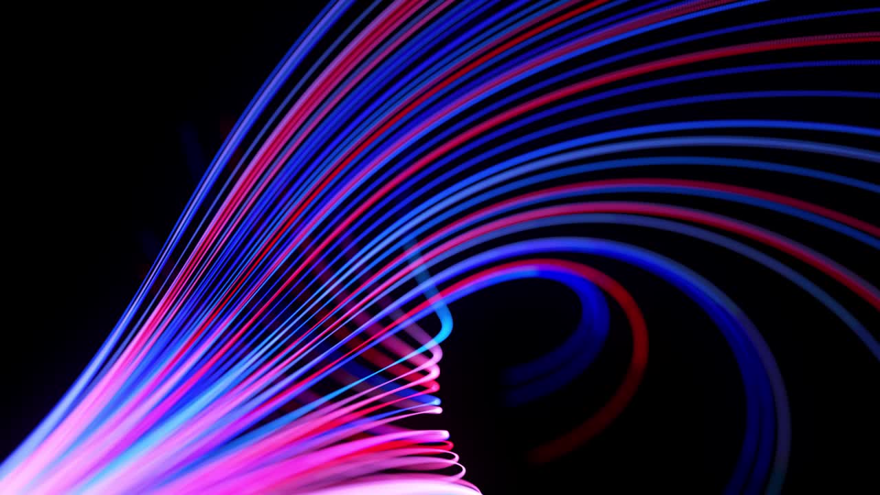 Light flow bg in 4k. Abstract looped background with light trails, stream of red blue neon lines in space move to form looped spiral shapes. Modern trendy motion design background. Light effect,