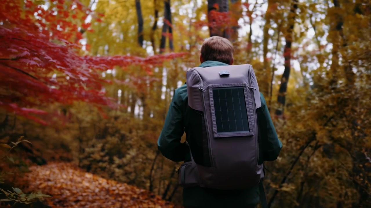 Adult hiker walks along leaf covered trail in dense deciduous forest during peak autumn, carrying gray backpack with mounted solar panel, showing sustainable travel and remote charging
