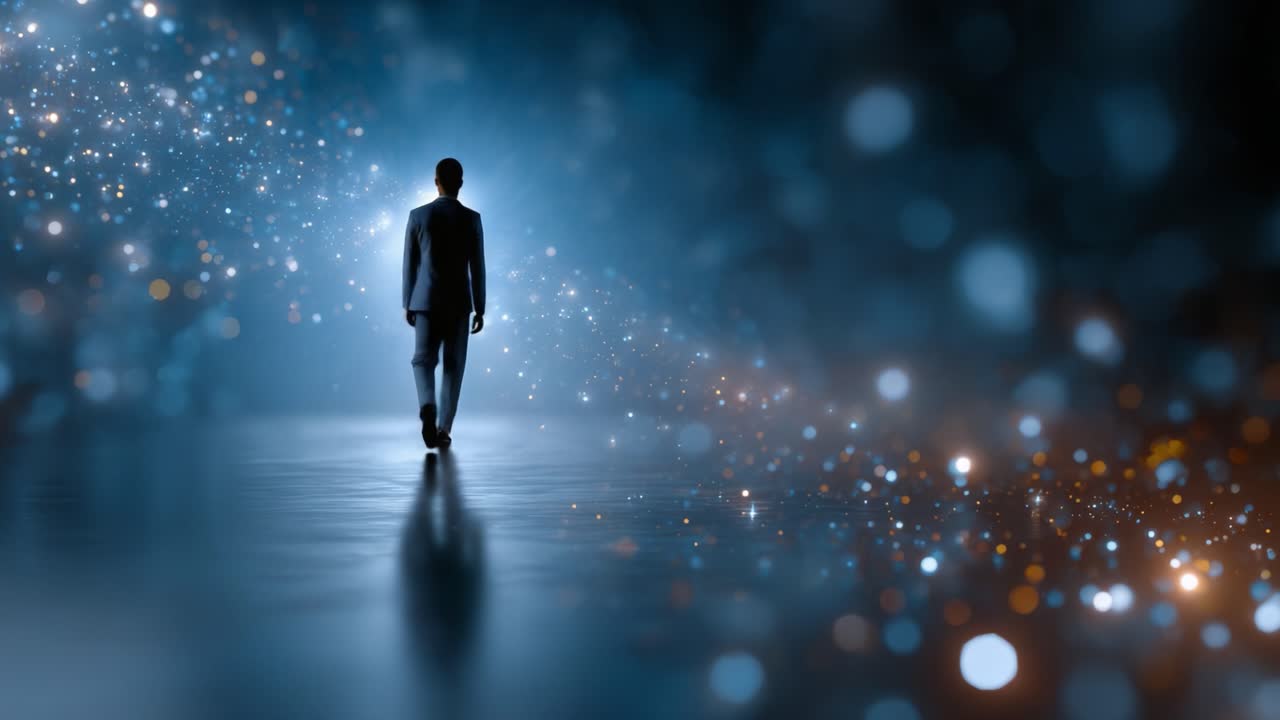 A solitary figure moves through a surreal, luminous space filled with shimmering lights, evoking a sense of wonder and exploration into the unknown