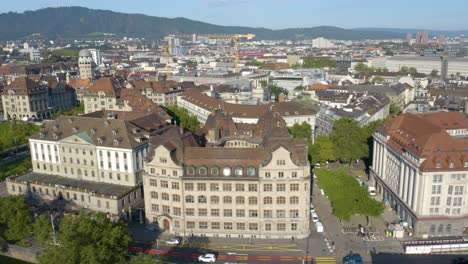 zurich city center during morning rush hour, historic buildings