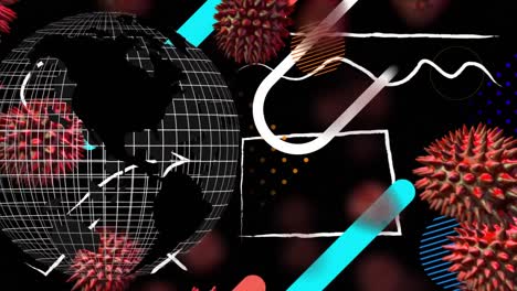 animation of shapes, globe and cells over black background