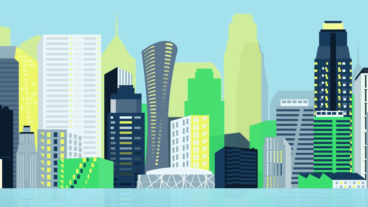 La grande città in stile flat design lungo il fiume [loop].