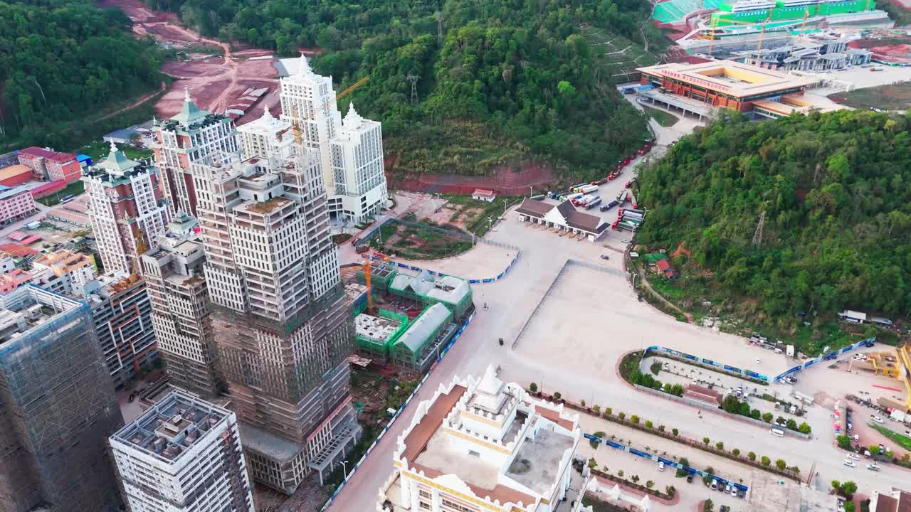 Aerial of the China–Laos border crossing in Boten city in Laos located in Luang Namtha Province, on the China–Laos border