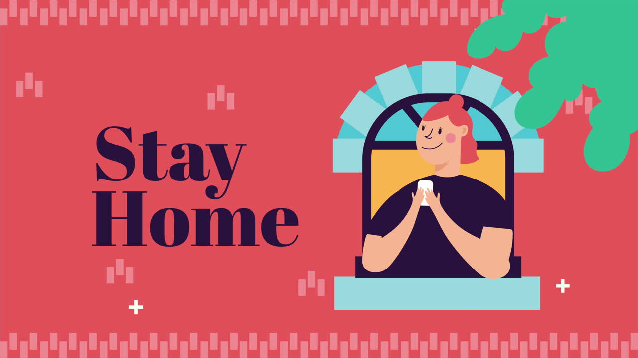 mujer bebiendo café en la ventana del apartamento campaña de quedarse en casa