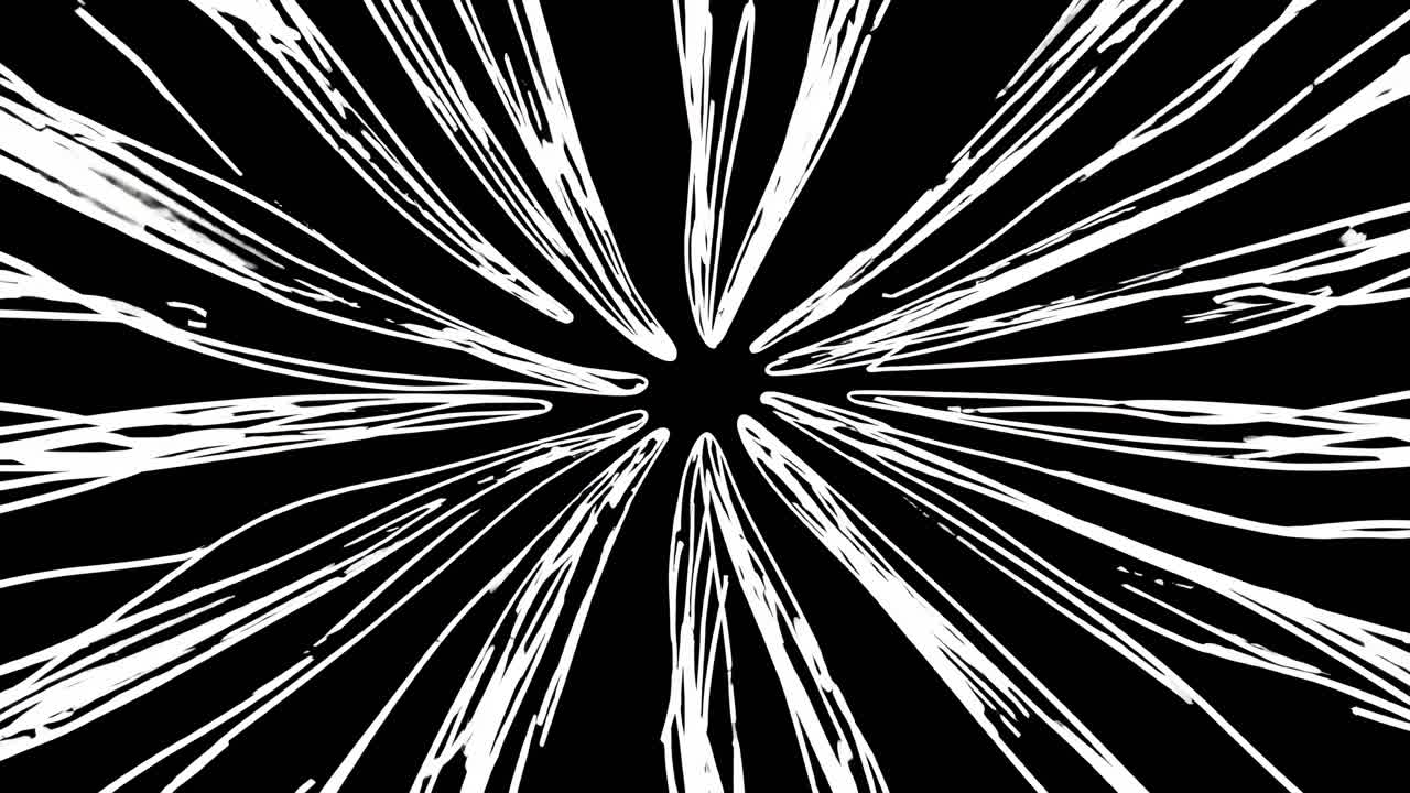 Dynamic video concept with abstract white lines radiating from a central point on a black