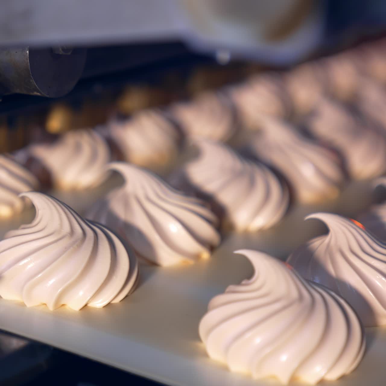 Creamy marshmallows being squeezed onto the conveyor belt. Well-coordinated work of the molding machine producing tasty sweets. Process in close up