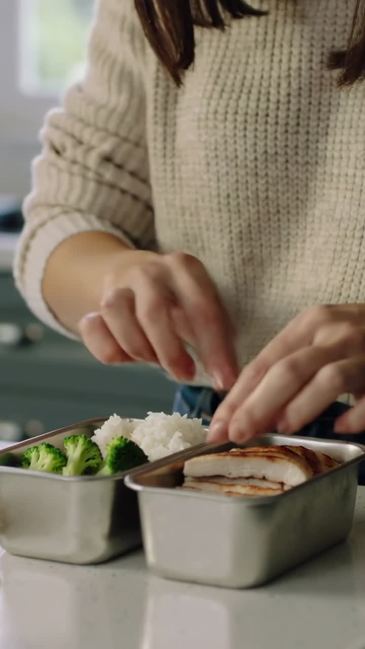 Vertikales Video: Koch packt zu Hause Mittagessen, füllt Brokkoli, geformten Reis und Fleisch in Metalldosen.