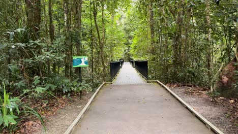 a serene forest pathway with informational signs and lush greenery under natural daylight