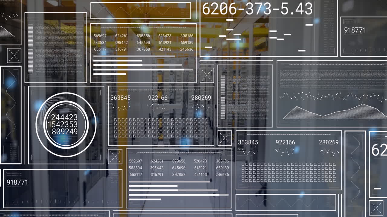 Animation of interface with data processing and blue glowing spots against computer server room