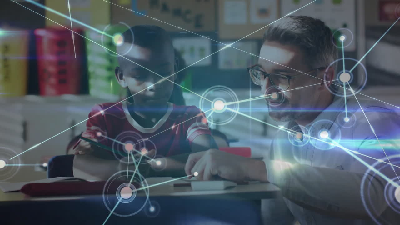 animación de puntos conectados sobre diversos profesores masculinos que enseñan a un niño en el aula de la escuela