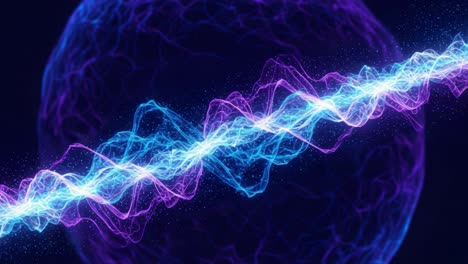 visually stunning waves of electric energy vibrate across a cosmic sphere, creating a mesmerizing display of color and light in a futuristic environment
