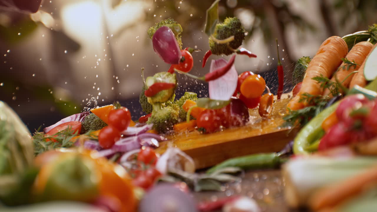 verduras recién picadas con salpicaduras de agua