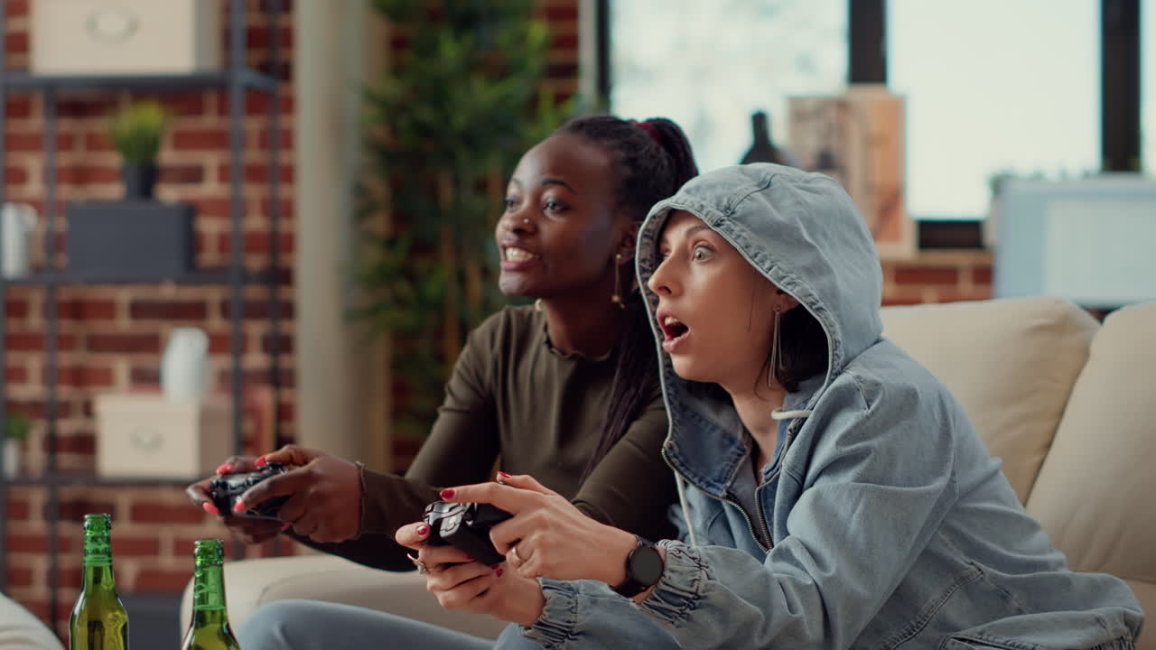 Multiethnic team of women playing video games online