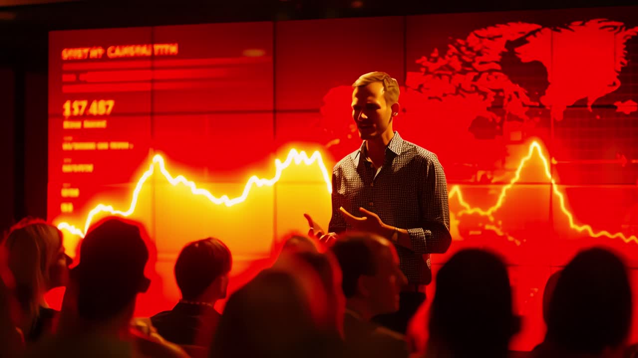 Dynamic Presentation on Market Trends: Captivating Speaker Engages Audience with Visual Data Insights Against a Striking Red Background Highlighting Financial Growth Patterns