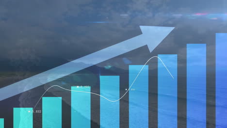 animation of upward arrow and blue graphs processing data over sky and landscape