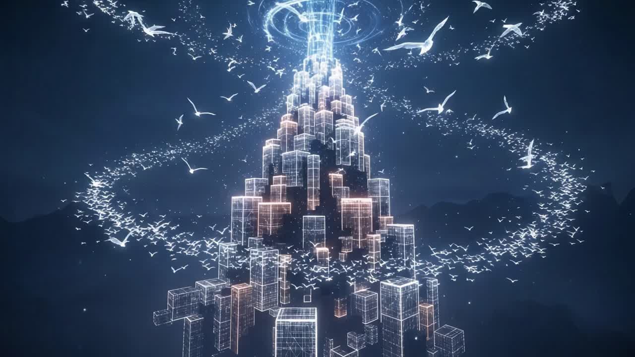 A Stunning Visual Representation of a Futuristic Cityscape Illuminated by Ethereal Lights, Encircled by a Swirling Flock of Birds in a Mystical Atmosphere