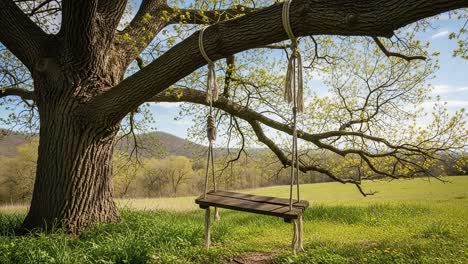 a peaceful scene of a rustic swing hanging from a large tree in a serene field, surrounded by lush greenery and rolling hills under a clear sky