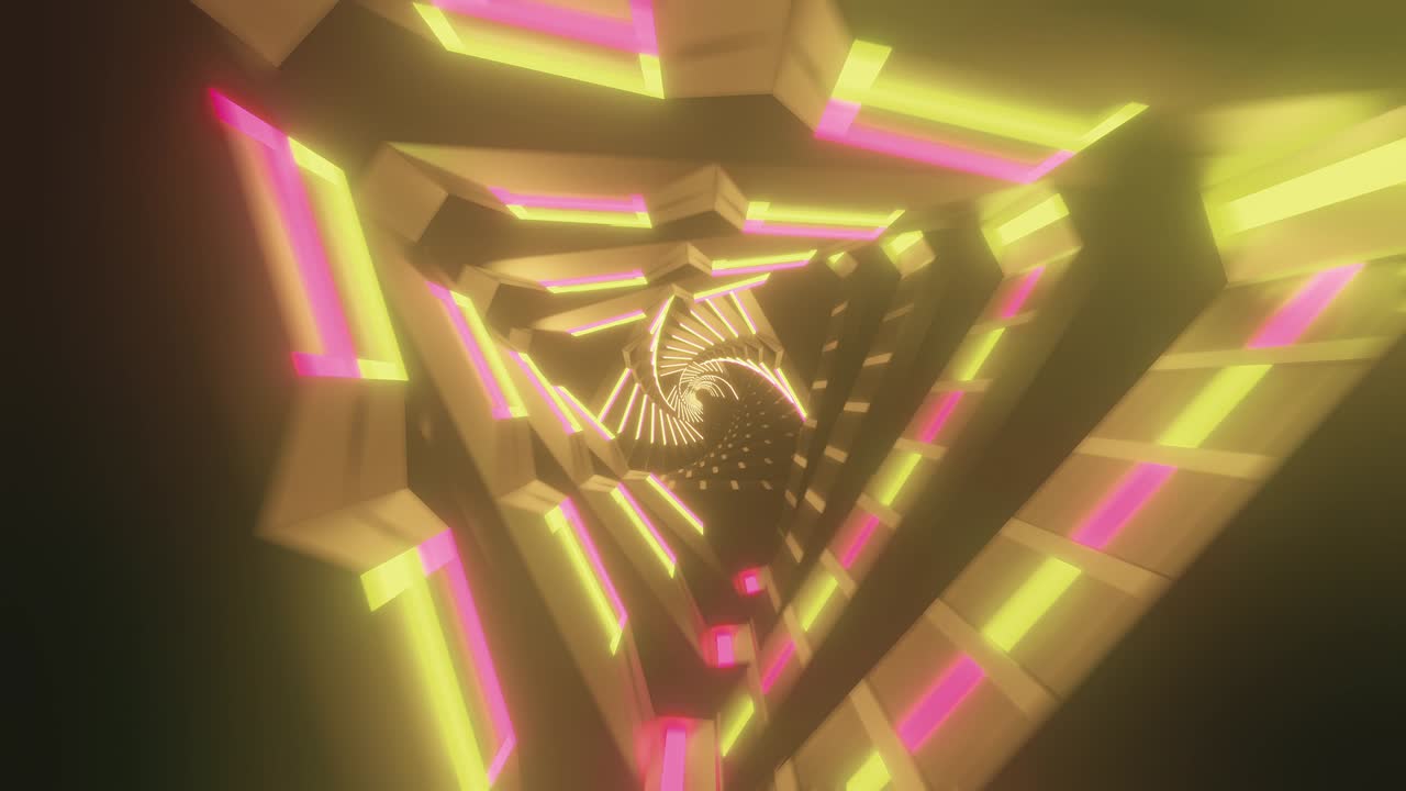 volando a través de triángulos de neón rotativos metálicos brillantes que crean un túnel, espectro azul rojo rosa violeta, luz ultravioleta fluorescente, iluminación moderna de colores, animación de bucle sin costuras de 4k