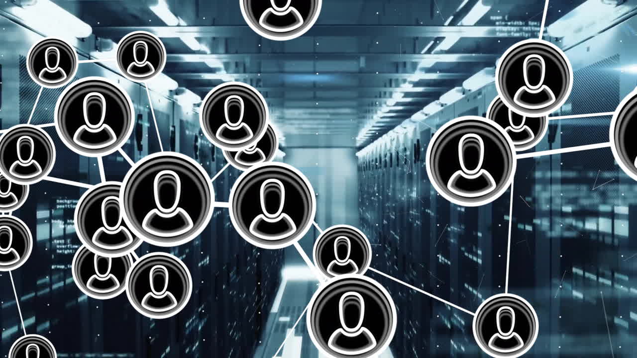 Animation of network of connections with icons and data processing over computer servers