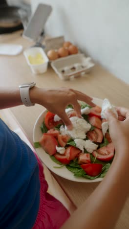 preparing a delicious salad with tomatoes and mozzarella