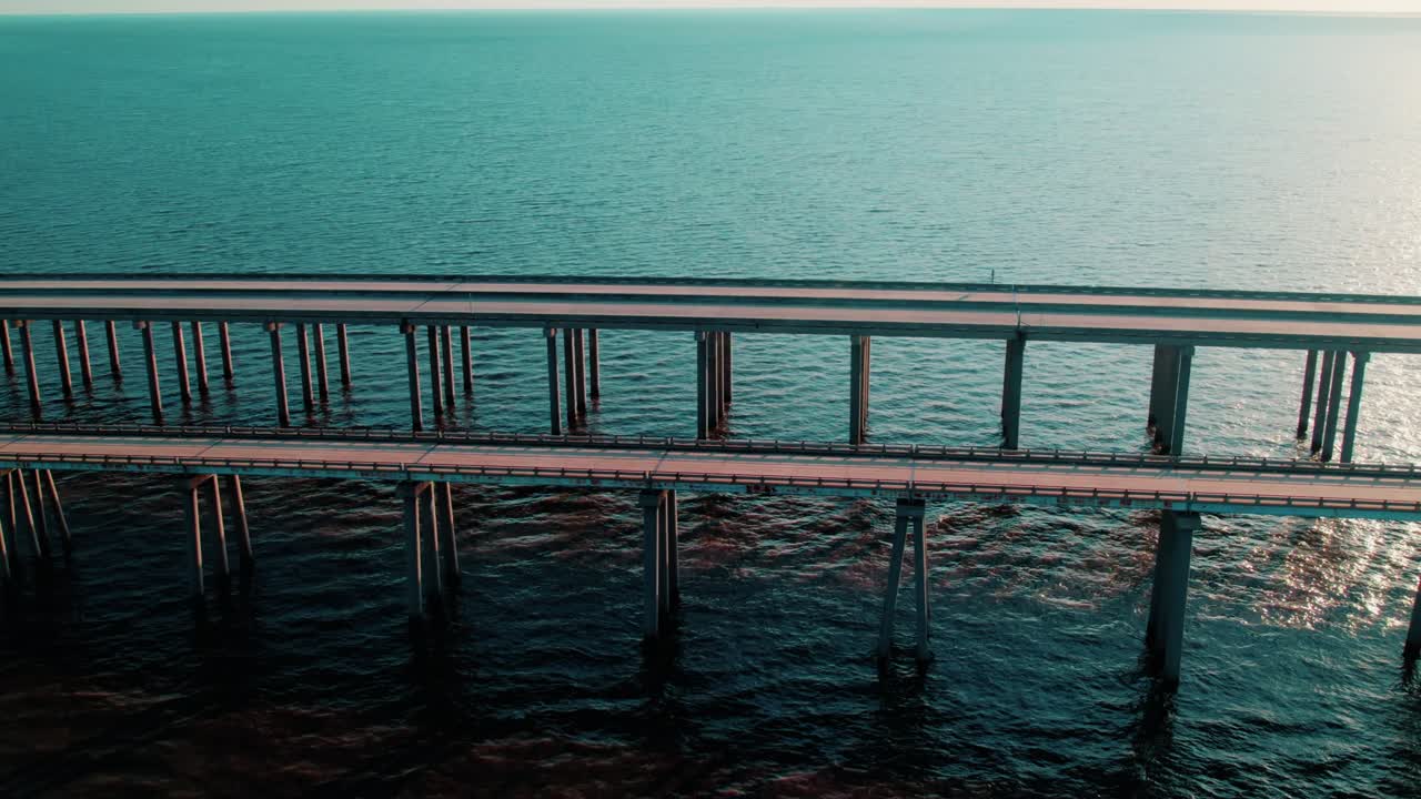 Sunset Aerial of Lake Pontchartrain Causeway, Louisiana – Scenic Twin-Span Bridge Crossing