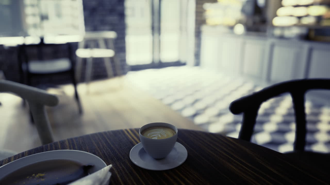 Caffè e dessert su un tavolo nell'interno luminoso di un bar al mattino