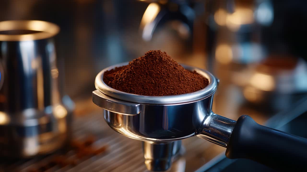 Friskmalet kaffe klar til brygning i et portafilter med fyldig aroma og fin tekstur, fanget i et moderne espresso-maskine-setup