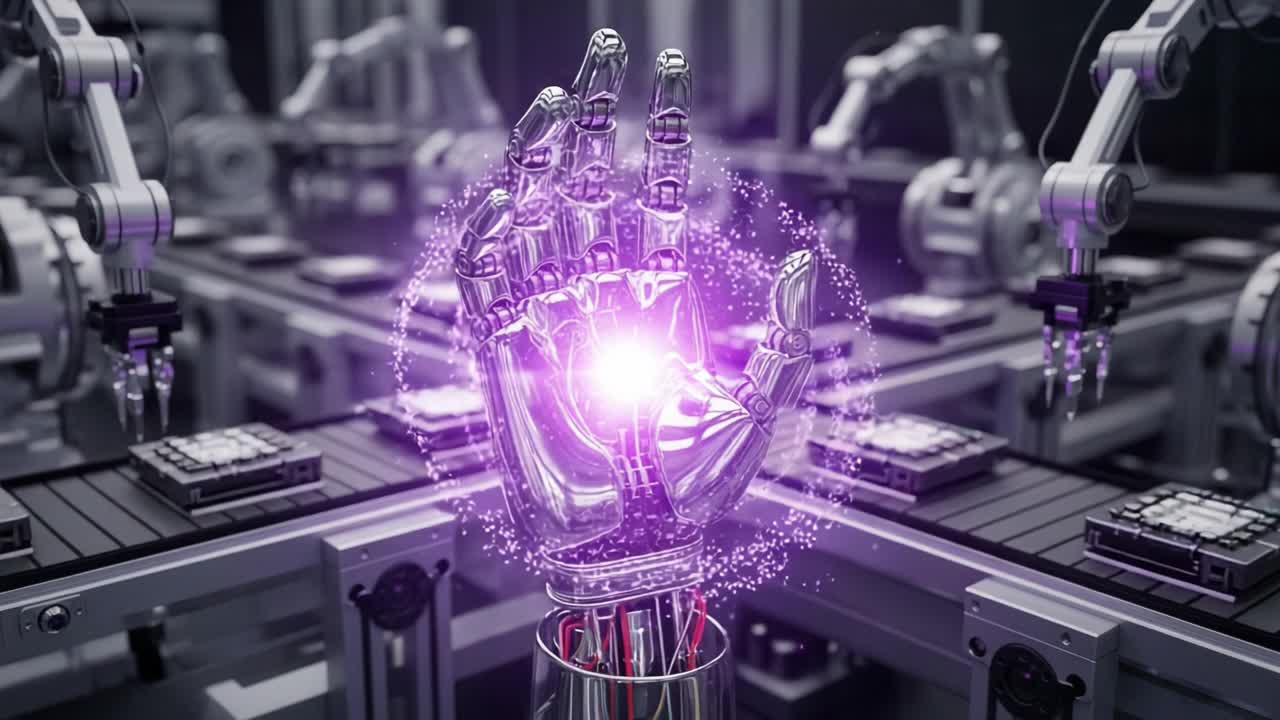 Futuristic robotic hand generating energy in a high-tech factory setting, showcasing advanced manufacturing technologies and automation in action