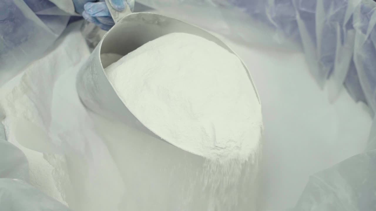 A man with a shovel loads pill powder