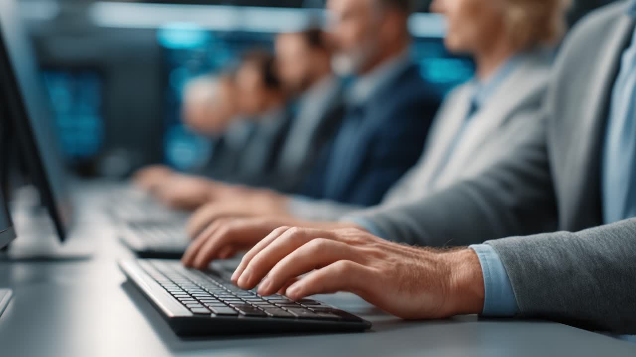 A Focused Team of Professionals Engaged in Serious Work at Computers in a High-Tech Environment, Highlighting Collaboration and Skill in a Dynamic Office Setting
