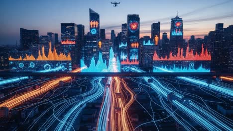 a stunning aerial view of a futuristic urban landscape with vibrant light trails and dynamic digital displays showcasing data visualizations and technology integration