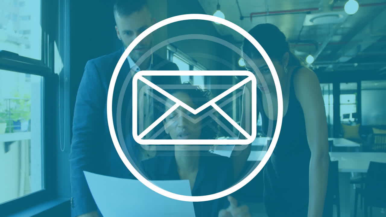 In modern office, business team reviewing documents with animation of email icon