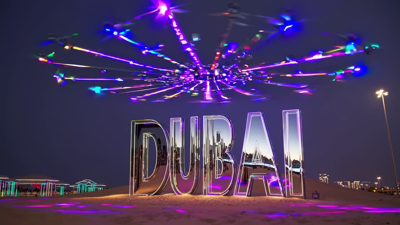 Luminous drones flying over the Dubai sign at night, creating a colorful light show in the desert with futuristic pavilions in the background