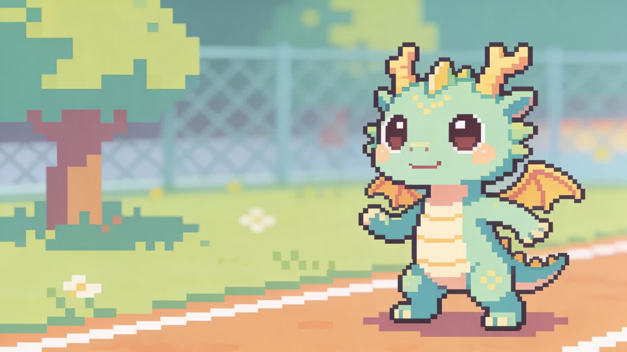 Drago pixel art che cammina, si muove, fa un passo e agita un braccio accanto a un sentiero sterrato, in posa, con spazio per il testo.