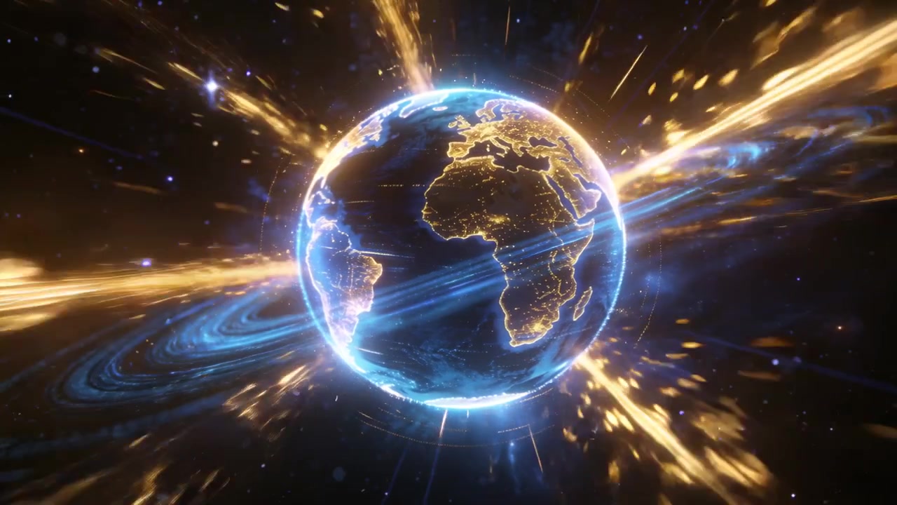 Globo radiante che emette striature dorate verso l'esterno nello spazio profondo, con luce che si intensifica attorno a un anello blu.