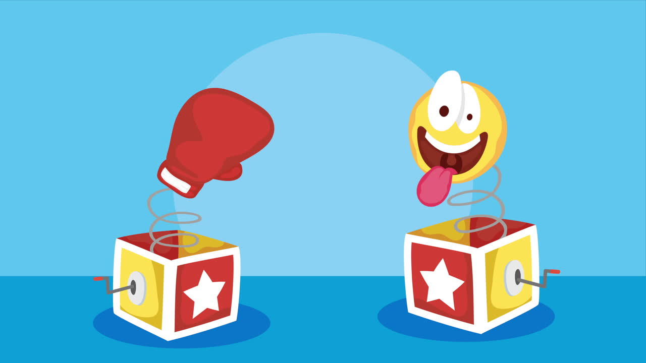 guante de boxeo y emoji sonriente en cajas de resorte