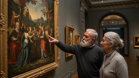couple engaged in art appreciation at museum, observing a magnificent historical painting, exploring cultural heritage and artistic expression together
