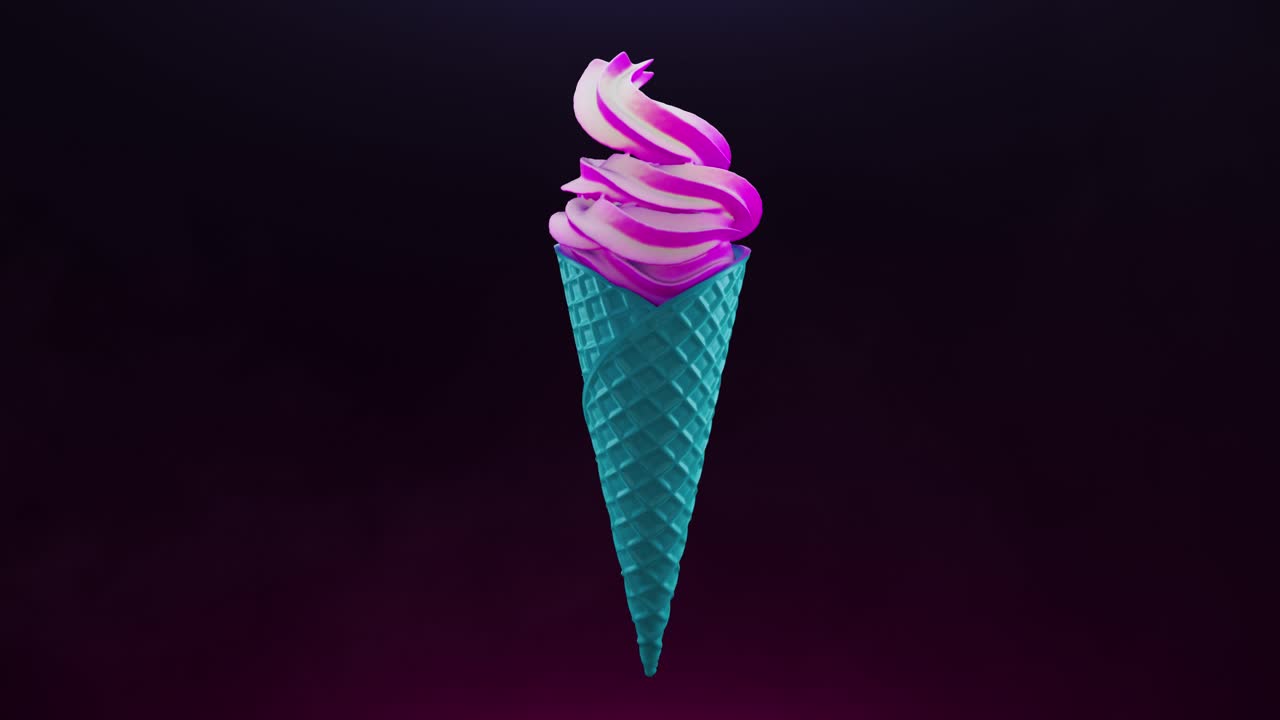 animación de relleno de cono de waffle de helado de color rosa turquesa en un fondo oscuro